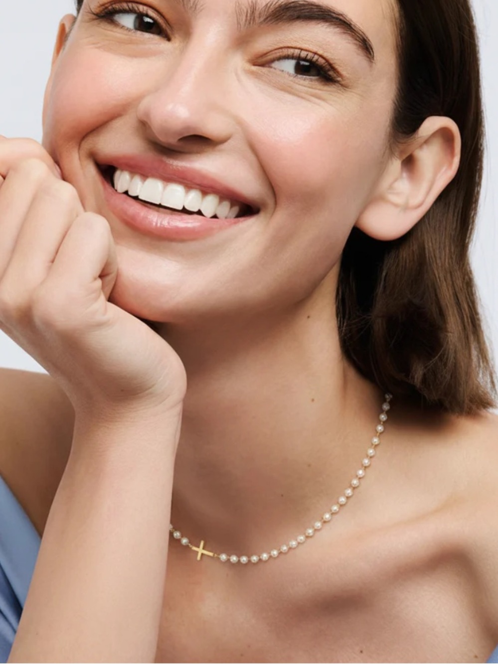 Viole Grace Pearl Bead Necklace with Gold Cross Accent - White